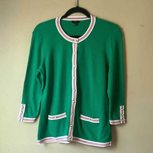 Talbots Kelly Green Sweater Cardigan PinkWhite Trim Pearl Buttons Barbie Core MP - Picture 2 of 14